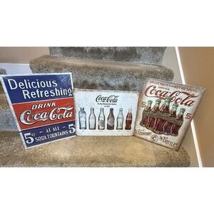 Vintage Coca Cola Sign Tin Metal Soda Pop Bottle Advertising Set Of‎ 3